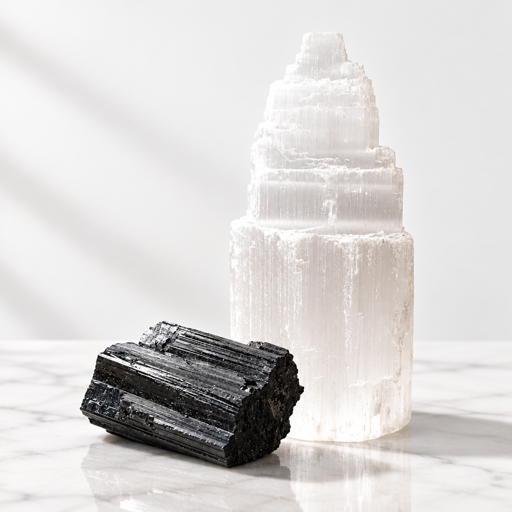 Tour de sélénite artisanale sculptée à la main au Maroc — pierre purifiante naturelle, chakra couronne, artisanat authentique | Pure Selenite
