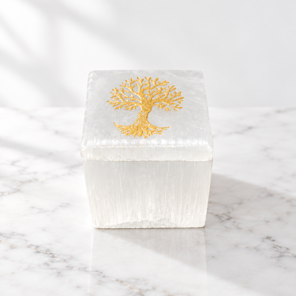 Boîte cube en sélénite avec arbre de vie doré gravé à la main au Maroc — écrin sacré bijoux et cristaux, artisanat authentique | Pure Selenite