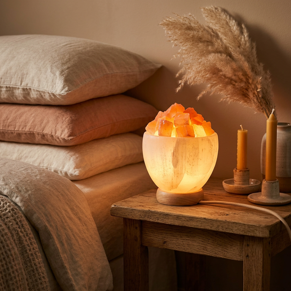 Détail brasero sélénite naturelle sur socle bois — pierres oranges incandescentes, chakra sacral, artisanat marocain unique | Pure Selenite