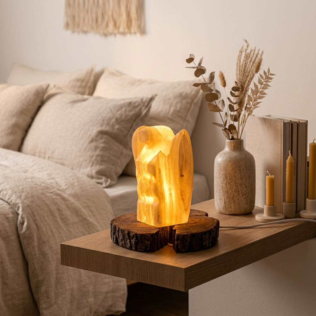 Lampe roche sélénite illuminée lumière dorée ambrée — outil spirituel Reiki et lithothérapie, handmade Maroc | Pure Selenite