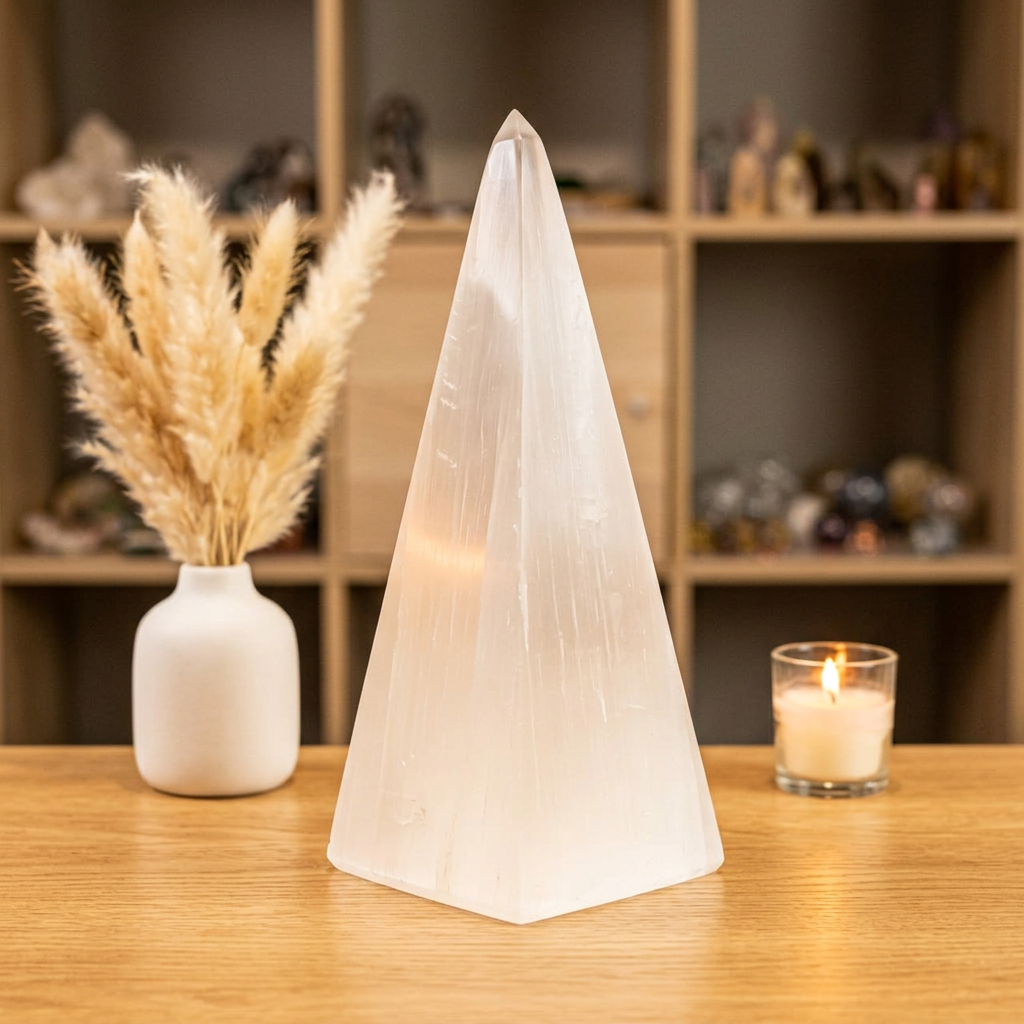 Pyramide en sélénite naturelle sculptée à la main au Maroc — géométrie sacrée, artisanat authentique et pierre purifiante | Pure Selenite
