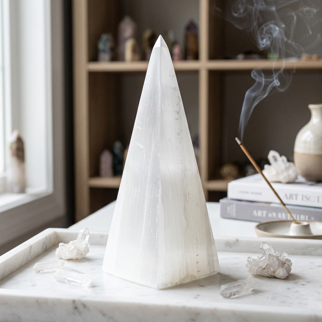 Détail de la pyramide en sélénite blanche — cristal naturel handmade, veines naturelles uniques, artisanat marocain | Pure Selenite