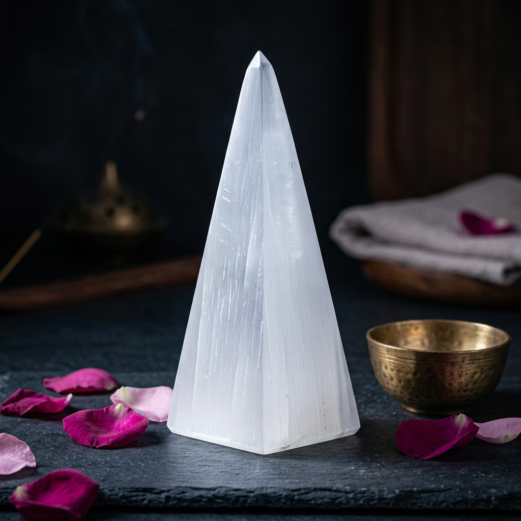 Pyramide sélenite pure base naturelle — outil spirituel Reiki et lithothérapie, chakra couronne, fait main au Maroc | Pure Selenite