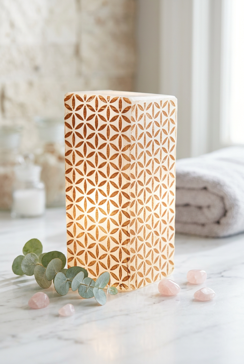 Détail gravure Fleur de Vie sur sélénite blanche — symbole sacré handmade, cristal naturel unique, artisanat marocain | Pure Selenite