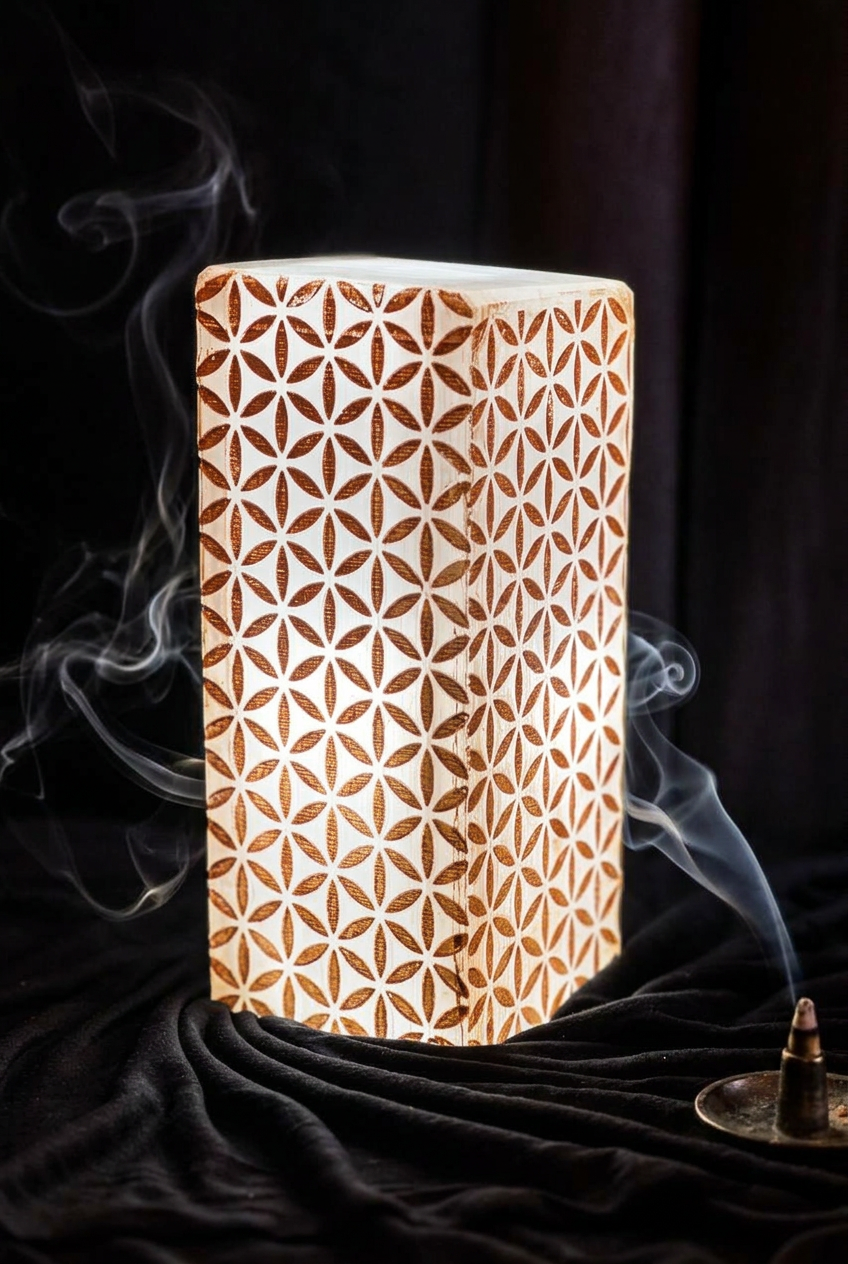 Tour sélenite Fleur de Vie — outil spirituel Reiki, chakra couronne et lithothérapie, fait main au Maroc | Pure Selenite